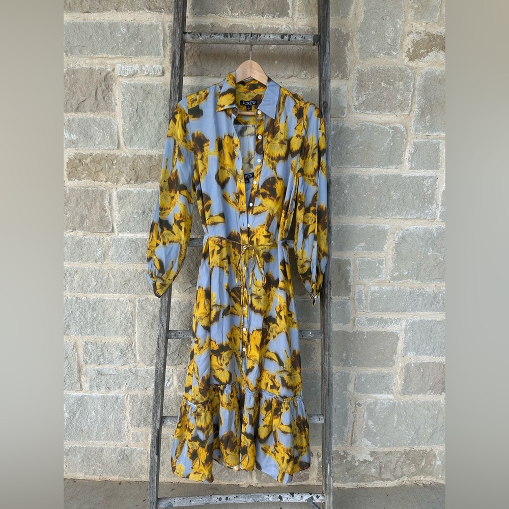 J. Crew Blue and Yellow Floral Long Sleeve Dress
